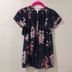 Rebecca Taylor Women 6 Top Blouse Silk Blue Navy Floral Printed Boho Cottage